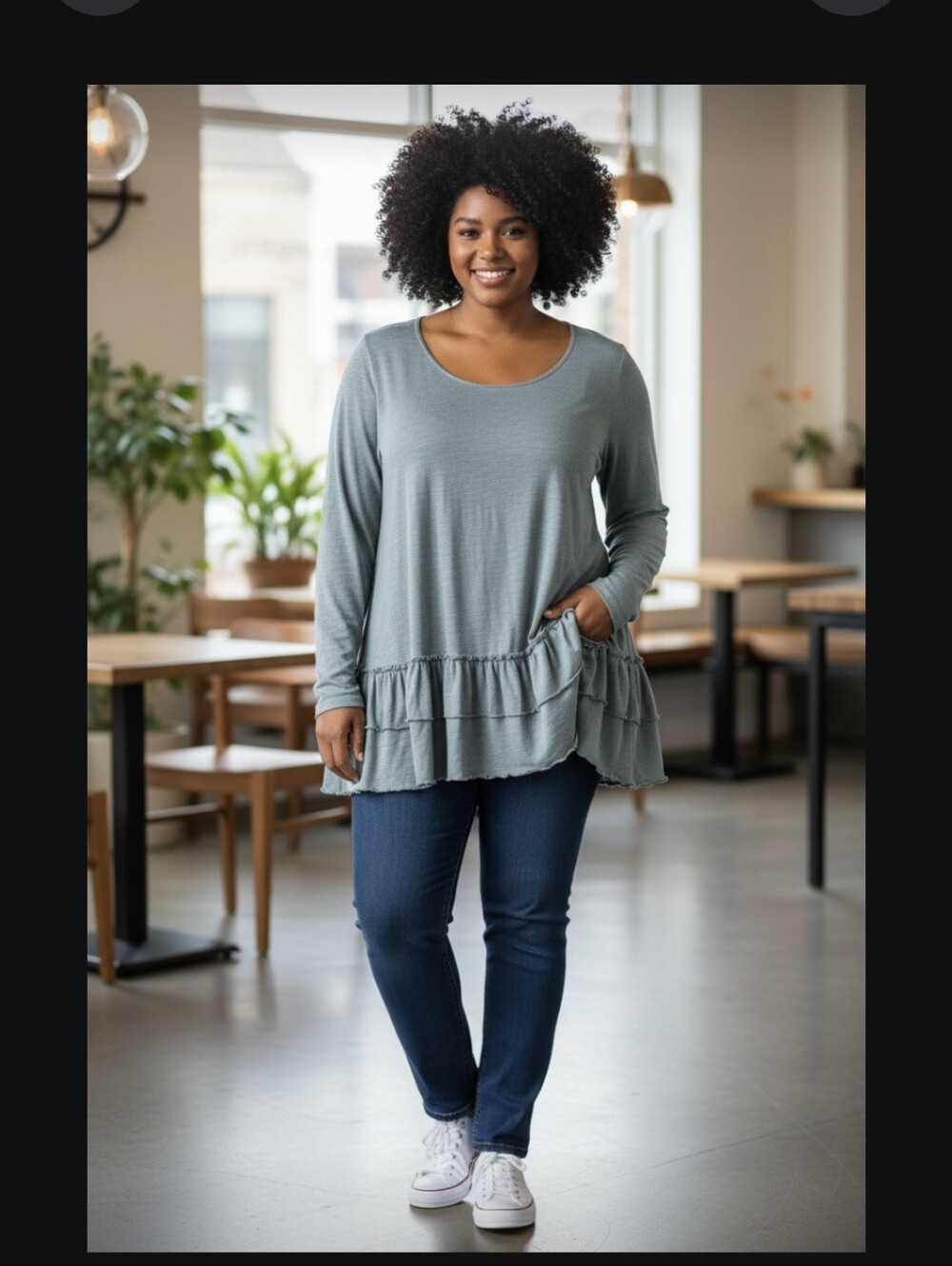easel Dusty Blue-Green Cotton Ruffle Tiered Tunic Top | Size M